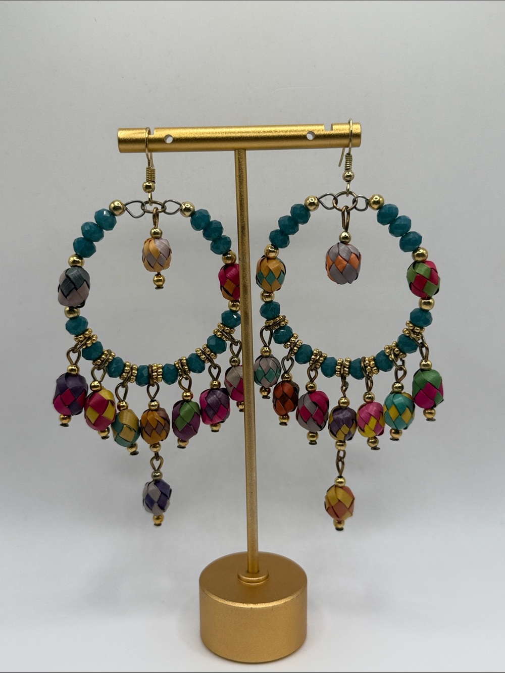 Vintage Gold Tone Multicolored Large Beaded Hoop Dangle Drop Statement Earrings
